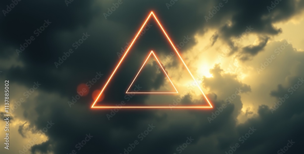 Poster a triangle is lit up in the sky with a cloudy background. the triangle is surrounded by a dark sky