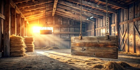 Fototapeta premium Rustic barn interior with sunlit hay bales and a hanging wooden sign perfect for your message