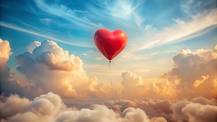 Fototapeta premium A single red heart-shaped balloon ascends through a breathtaking sunset sky, surrounded by fluffy cumulus clouds.