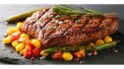 Savory grilled steak accompanied by vibrant vegetables on a stylish slate platter