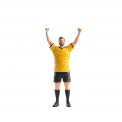 Energetic soccer player celebrating victory with raised arms in yellow uniform., isolated on a transparent background.