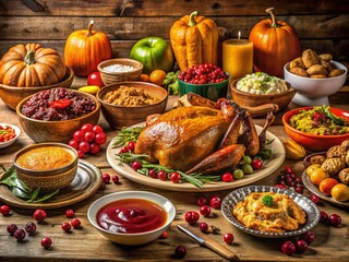 Thanksgiving Feast Panoramic Photo: Bountiful Table, Roasted Turkey, Autumn Harvest