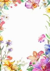 Fototapeta premium Watercolor frame with flowers on a white background and space for text. Wedding invitation, advertising