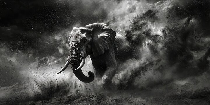An elephant is running through a cloud of dust