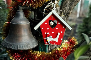 Happy New Year.Christmas tree decorations and toys for fir trees covered with snow and ice. Close-up. Merry Christmas.2024.