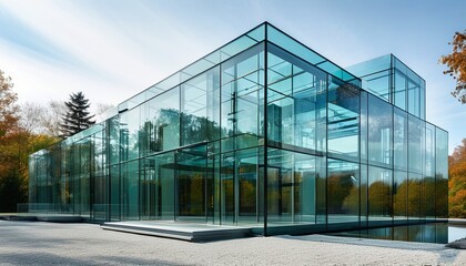 Obraz premium Contemporary abstract design featuring sleek glass architectural structures with dynamic geometric shapes and reflections. Created with generative AI technology