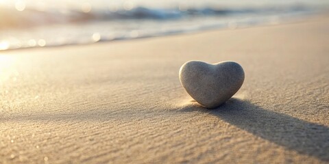 Obraz premium Heart-shaped stone on a sunlit beach, symbolizing love, serenity, and peaceful moments
