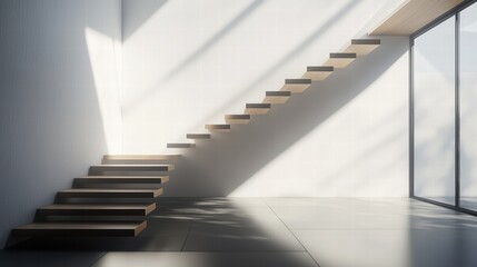 Fototapeta premium Sleek modern staircase with floating wood steps and natural light