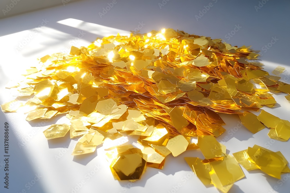 Aufkleber a pile of shiny golden hexagonal and irregular shapes reflecting light.