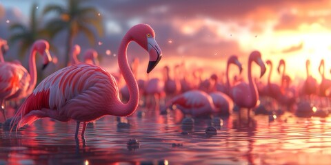 Flamingos Sunset Lagoon Pink Birds Wildlife Nature