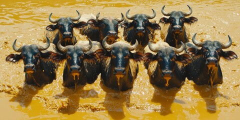 Water Buffalo Herd Cooling in Muddy River Wildlife Mammals Nature