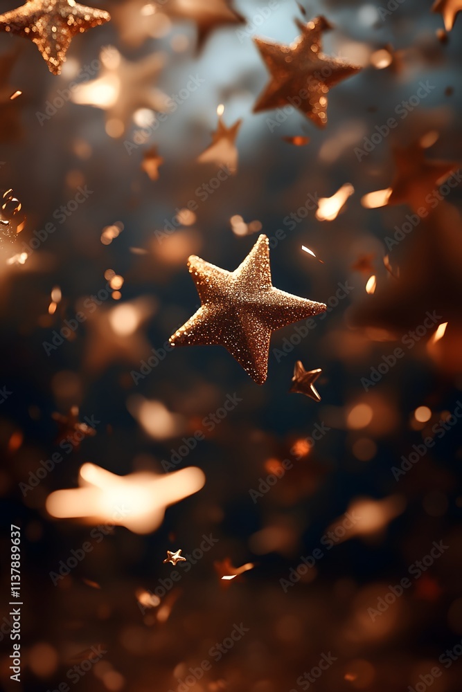 Poster a mesmerizing display of floating golden stars against a dark background.