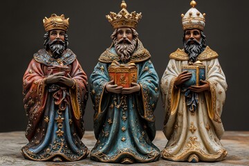 Fototapeta premium Three Wise Men figurines in colorful robes holding gifts, featuring detailed crowns, intricate patterns, and lifelike craftsmanship Generative AI