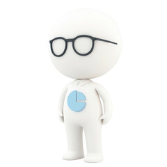 Fototapeta premium A cartoon business character with glasses and a pie chart logo, representing analytics., isolated on a transparent background.