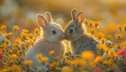 Two Adorable Baby Rabbits Nuzzle In Yellow Flowers