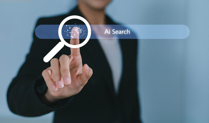 Businessman hand using virtual touch screen with AI search bar to enhance information search using...