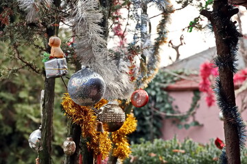 Happy New Year.Christmas tree decorations and toys for fir trees covered with snow and ice. Close-up. Merry Christmas.2024.