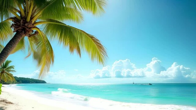 Tropical Beach Paradise with Crystal Clear Turquoise Water, White Sandy Beach and Palm Trees Swaying in Caribbean Paradise Island, Perfect Summer Holiday Destination Background