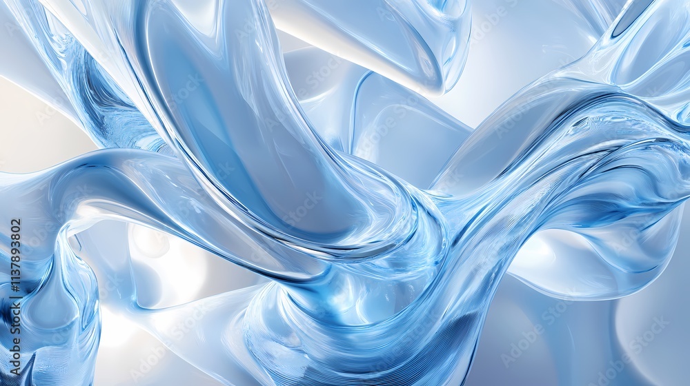 Poster abstract fluid shapes in varying shades of blue creating a serene and ethereal atmosphere.
