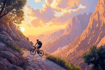 Fototapeta premium Cyclist Exploring a Mountain Trail at Sunrise
