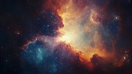 Fototapeta premium A stunning cosmic nebula showcases vibrant colors of orange, blue, and purple amidst a star-filled background.