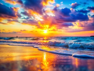 Fototapeta premium Tilt-Shift Sunset Beach Watercolor Painting, Miniature Beach Scene, Artistic Sunset Photography, Miniature Landscape, Whimsical Beach Art