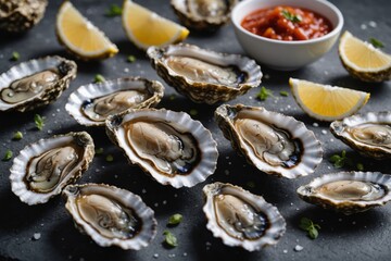 Fototapeta premium Close view of a oysters raw ingredient on gray blurred background. Colorful Studio shot, harsh light.