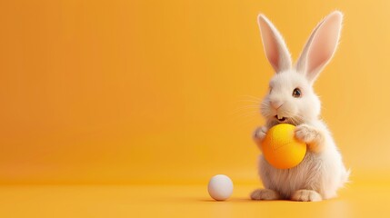 Obraz premium A fluffy cartoon bunny with big ears holds a yellow ball in front of a yellow background.