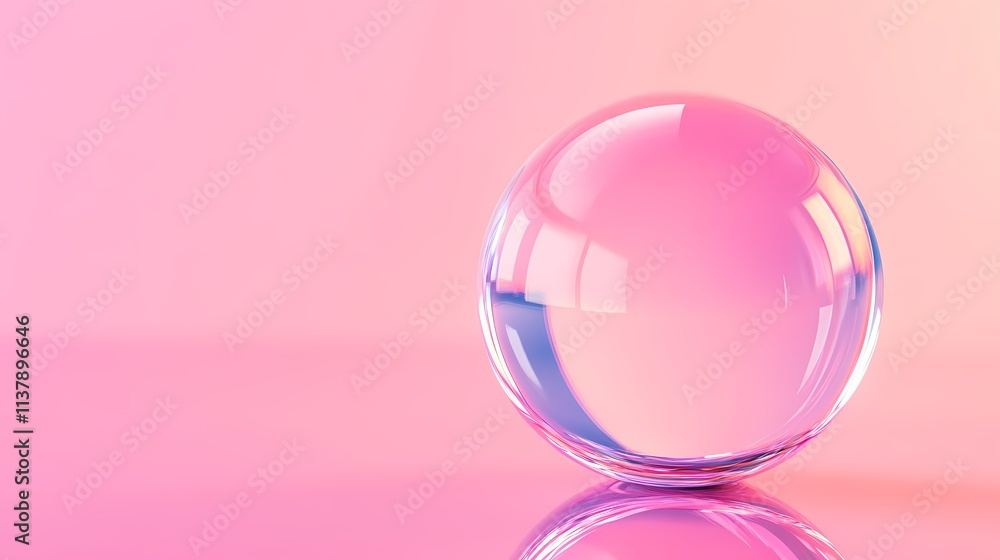 Aufkleber a transparent sphere resting on a reflective surface, illuminated by soft pink hues, creating a sere