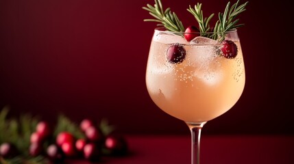 A photo of a Moscato spritz cocktail with ice, cranberry, and rosemary garnish in a glass on a dark red background. 