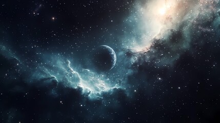 Obraz premium A mesmerizing view of a distant planet surrounded by cosmic clouds and stars, showcasing the vastness of space.