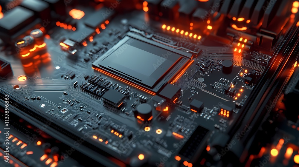 Poster close-up of a computer motherboard showcasing intricate circuit designs and glowing orange leds.