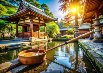 Obraz premium Tranquil Japanese Temple Scene Featuring Wooden Ladle Used for Cleansing Rituals at Shrine, Embodying Serenity and Cultural Heritage of Japan's Spiritual Practices
