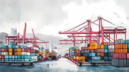 Naklejka premium A vibrant illustration of a busy shipping port with colorful containers and towering cranes, evoking a dynamic industrial atmosphere.