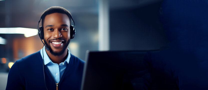 A cheerful male customer support agent wearing a headset, ready to assist clients. The clean banner design with ample copy space highlights professionalism