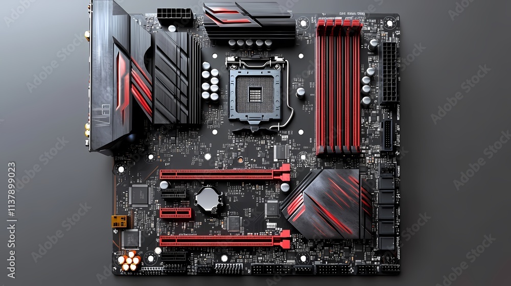 Poster close-up view of a modern black and red computer motherboard showcasing intricate circuitry and comp