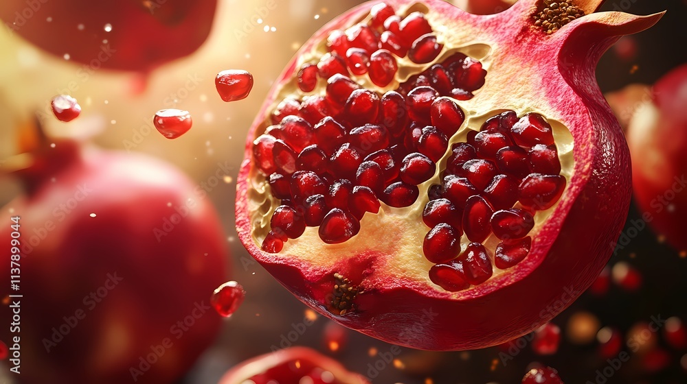 Poster a vibrant pomegranate showcasing its juicy seeds with droplets sparkling in the light, creating an i