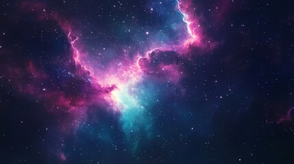 Fototapeta premium A vibrant cosmic scene showcasing swirling nebulae in shades of purple and teal against the backdrop of deep space.