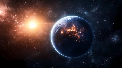 Fototapeta premium A stunning view of a vibrant Earth-like planet glowing in space with a bright sun illuminating the scene.