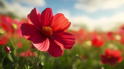 Obraz premium A vibrant pink flower blooms in a sunny field, showcasing its delicate petals and sunny atmosphere.