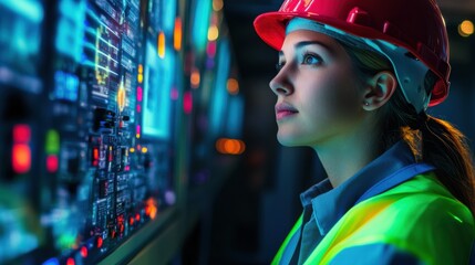 Obraz premium A vibrant close-up of a young female engineer in a control room, her safety helmet and reflective vest complementing the glowing control boards and industrial setup