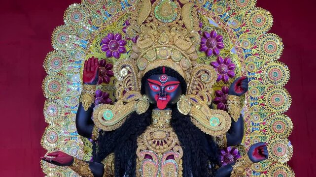 The idol of Maa Kali with a red background.