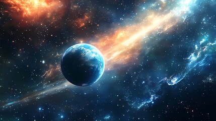 A breathtaking view of Earth in space, surrounded by vibrant cosmic clouds and star-filled galaxy, showcasing the beauty of the universe.