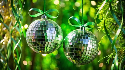 Two Shimmering Silver Disco Balls Suspended from Vibrant Green Ribbons in an Enchanting Party Setting, Capturing the Essence of Retro Celebration and Glamour