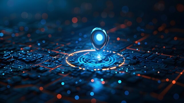 Digital Map Pin Highlighting Location on Futuristic Data Background