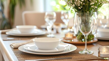 A table set with white plates, glasses, a carafe and candles.
