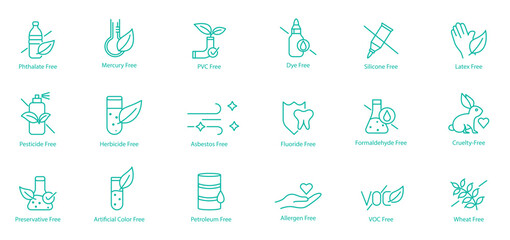 Fototapeta premium Extensive Free-From Icon Set – phthalate, Mercury, PVC, Dye, Silicon, Latex, Pesticide, Herbicide, Asbestos, Fluoride, Formaldehyde, Probiotic, Preservatives, Artificial Colors, Petroleum, Allergen 