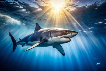 Obraz premium Underwater Shark Photo: Majestic Ocean Predator, Deep Sea Wildlife, Marine Life, Shark Photography, Ocean Scene, Aquatic Animal, Underwater World, Shark Image, Sea Creature, Wildlife Photography