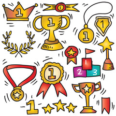Vector set of doodle trophy, medal, prize, crown and other awards