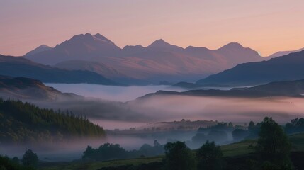 Obraz premium Serene Mountain Landscape at Dawn with Soft Fog and Pastel Skies